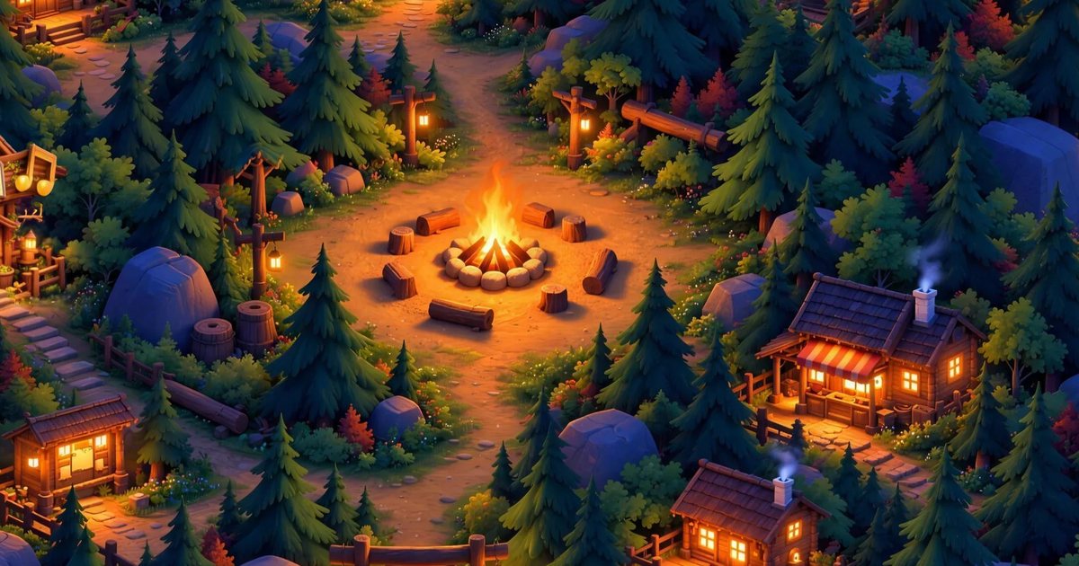 The camp village at night: cabins among pine trees around a campfire